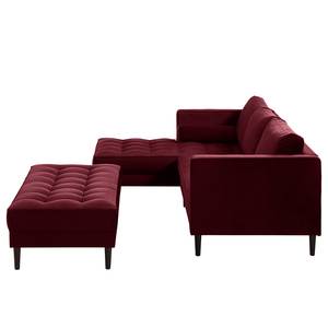 Hoekbank LAONA fluweel - Velours Pauno: Bordeaux - Longchair vooraanzicht links - Met hocker