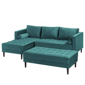 Ecksofa LAONA Samt Pauno: Petrol - Longchair davorstehend links - Mit Hocker