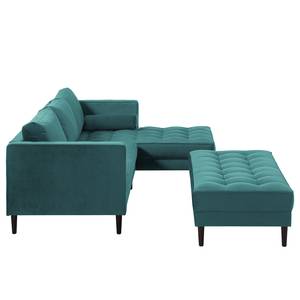 Ecksofa LAONA Samt Pauno: Petrol - Longchair davorstehend rechts - Mit Hocker