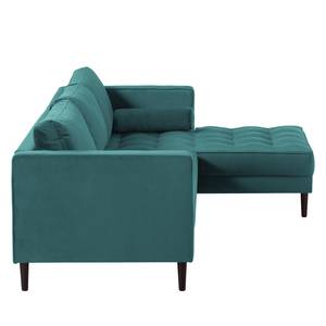 Ecksofa LAONA Samt Pauno: Petrol - Longchair davorstehend rechts - Mit Hocker