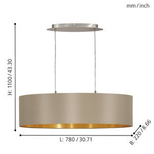 Hanglamp Maserlo III geweven stof/staal - 2 lichtbronnen - Taupe/Goudkleurig - Breedte: 78 cm