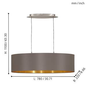 Hanglamp Maserlo III geweven stof/staal - 2 lichtbronnen - Cappuccinokleurig/Goudkleurig - Breedte: 78 cm