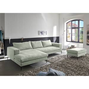 Hoekbank STREAKY BAY met chaise longue Geweven stof Caya: Mintgrijs - Longchair vooraanzicht links - Zonder slaapfunctie - Met hocker