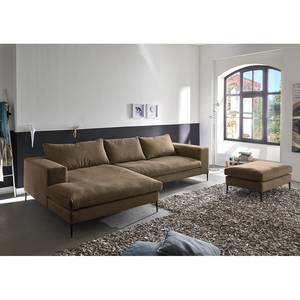 Hoekbank STREAKY BAY met chaise longue Geweven stof Caya: Bruin - Longchair vooraanzicht links - Zonder slaapfunctie - Met hocker