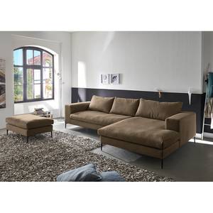 Divano con chaise longue STREAKY BAY Tessuto Caya: marrone - Longchair preimpostata a destra - Senza funzione letto - Con Sgabello