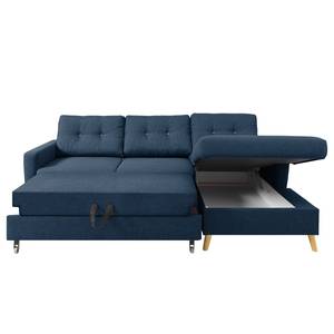 Hoekbank SOLA met chaise longue Stof Luba: Jeansblauw - Longchair vooraanzicht rechts - Met slaapfunctie