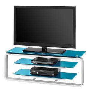 Meuble TV Rack Jared I Blanc / Verre bleu pétrole - Largeur : 110 cm