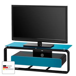 Meuble TV Shanon I Blanc brillant - Noir / Verre bleu pétrole - Largeur : 110 cm