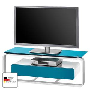 Meuble TV Shanon I Blanc brillant - Blanc / Verre bleu pétrole - Largeur : 110 cm