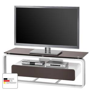Meuble TV Shanon I Blanc brillant - Blanc / Verre gris lava - Largeur : 110 cm