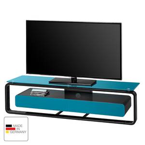 Meuble TV Shanon I Blanc brillant - Noir / Verre bleu pétrole - Largeur : 150 cm