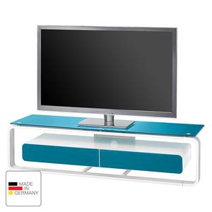 Meuble TV Shanon I Blanc brillant - Blanc / Verre bleu pétrole - Largeur : 150 cm