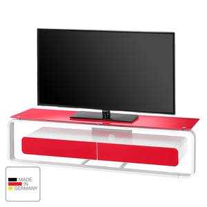 Meuble TV Shanon I Blanc brillant - Blanc / Verre rouge - Largeur : 150 cm