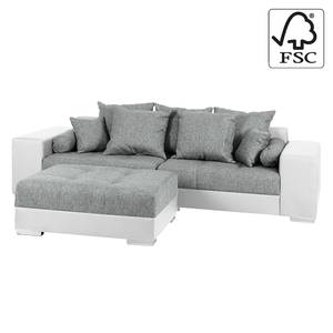 Grand canapé Aaron Imitation cuir blanc / Tissu structuré gris - Avec repose-pieds
