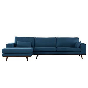 Ecksofa BILLUND mit Longchair Baumwollstoff Vele: Blau - Longchair davorstehend links - Buche Dunkel