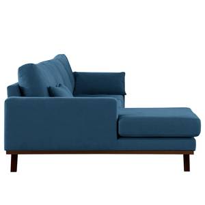 Hoekbank BILLUND met chaise longue geweven stof - Geweven stof Vele: Blauw - Longchair vooraanzicht links - Donker beukenhout