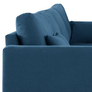 Hoekbank BILLUND met chaise longue geweven stof - Geweven stof Vele: Blauw - Longchair vooraanzicht links - Donker beukenhout