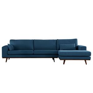 Hoekbank BILLUND met chaise longue geweven stof - Geweven stof Vele: Blauw - Longchair vooraanzicht rechts - Donker beukenhout