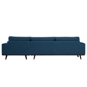 Ecksofa BILLUND mit Longchair Baumwollstoff Vele: Blau - Longchair davorstehend rechts - Buche Dunkel