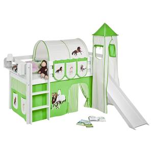 Spielbett JELLE Pferde Grün Hochbett LILOKIDS - mit Turm und Rutsche und Vorhang - weiß