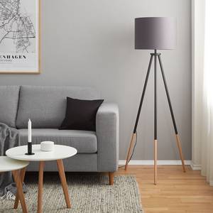 Staande lamp Tripod Valma geweven stof/hout - 1 lichtbron - Zwart/beukenhoutkleurig - Antracietkleurig/beukenhout