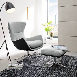 Fauteuil HEPBURN met kruisvoet geweven stof/echt leer - Stof Saia / Leer Neka: Lichtgrijs / Zwart  - Chroomkleurig glanzend