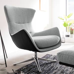 Fauteuil HEPBURN met kruisvoet geweven stof/echt leer - Stof Saia / Leer Neka: Lichtgrijs / Zwart  - Chroomkleurig glanzend