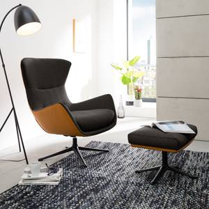 Fauteuil HEPBURN met kruisvoet geweven stof/echt leer - Stof Saia / Leer Neka: Zwart-Bruin / Cognackleurig - Zwart