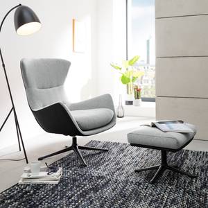 Fauteuil HEPBURN met kruisvoet geweven stof/echt leer - Stof Saia / Leer Neka: Lichtgrijs / Zwart  - Zwart