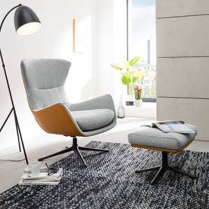 Fauteuil HEPBURN met kruisvoet geweven stof/echt leer - Stof Saia / Leer Neka: Lichtgrijs / Cognackleurig - Zwart