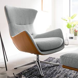 Fauteuil HEPBURN met kruisvoet geweven stof/echt leer - Stof Saia / Leer Neka: Lichtgrijs / Cognackleurig - Chroomkleurig glanzend