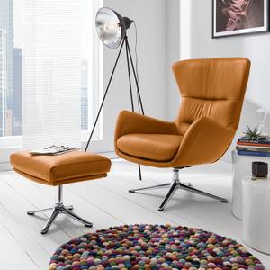 Fauteuil HEPBURN met kruisvoet echt leer - Echt leer Neka: Cognackleurig - Chroomkleurig glanzend