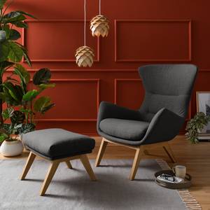 Fauteuil HEPBURN met houten pootjes geweven stof - Geweven stof Milan: Antraciet - Donkere eikenhout