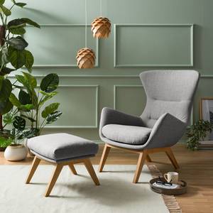 Hocker HEPBURN met houten pootjes geweven stof - Geweven stof Milan: Lichtgrijs - Donkere eikenhout