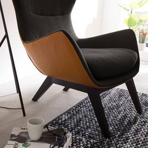 Sessel HEPBURN mit Holzfüßen Webstoff / Echtleder - Schwarz