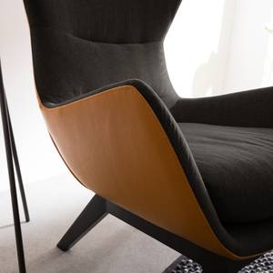 Fauteuil HEPBURN met houten pootjes geweven stof/echt leer - Zwart