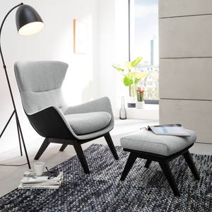 Fauteuil HEPBURN met houten pootjes geweven stof/echt leer - Stof Saia / Leer Neka: Lichtgrijs / Zwart  - Zwart