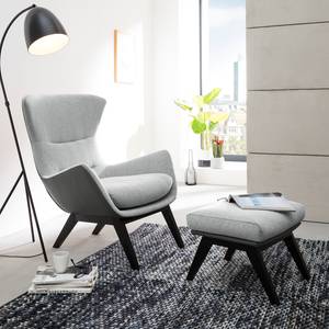 Fauteuil Hepburn I geweven stof/echt leer - Lichtgrijs/Grijs - Zwart