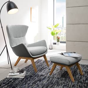 Fauteuil Hepburn I geweven stof/echt leer - Lichtgrijs/Grijs - Donkere eikenhout