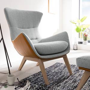 Fauteuil Hepburn I geweven stof/echt leer - Lichtgrijs/Cognackleurig - Lichte eikenhouten