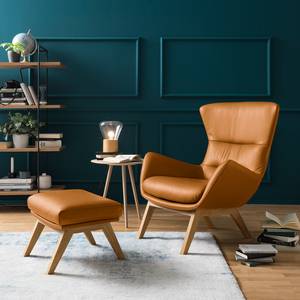 Fauteuil HEPBURN met houten pootjes echt leer - Echt leer Neka: Cognackleurig - Donkere eikenhout