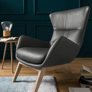 Fauteuil Hepburn I echt leer - Echt leer Neka: Grijs - Lichte eikenhouten