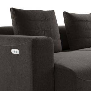 Ecksofa FINNY 2,5-Sitzer mit Longchair Webstoff Saia: Schwarz-Braun - Longchair davorstehend rechts - Sitztiefenverstellung