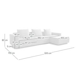 Hoekbank FINNY 3-zits met chaise longue geweven stof - Geweven stof Saia: Lichtgrijs - Longchair vooraanzicht rechts - Met zitdiepte verstelling