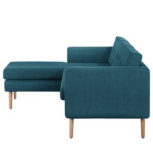 Ecksofa Croom Webstoff Polia: Jeansblau - Longchair davorstehend links - Mit Hocker