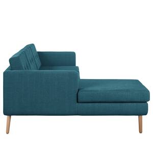 Ecksofa Croom Webstoff Polia: Jeansblau - Longchair davorstehend links - Mit Hocker