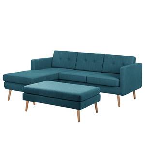 Ecksofa Croom Webstoff - Webstoff Polia: Jeansblau - Longchair davorstehend links - Mit Hocker