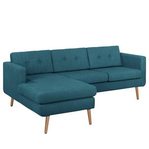 Ecksofa Croom Webstoff - Webstoff Polia: Jeansblau - Longchair davorstehend links - Mit Hocker