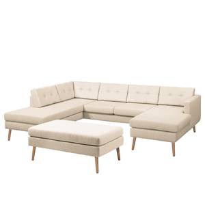 Wohnlandschaft Croom Webstoff Webstoff - Creme - Longchair davorstehend rechts / Ottomane links - Mit Hocker