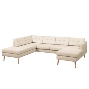 Wohnlandschaft Croom Webstoff Creme - Longchair davorstehend rechts / Ottomane links - Mit Hocker